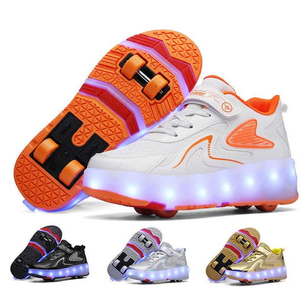 Zapatillas deportivas al aire libre Skate Zapatos LED para niños Niños Niñas Niños Iluminan Deportes Resplandecientes Cuatro ruedas Rodillo Luminoso Carga USB Intermitente P230404