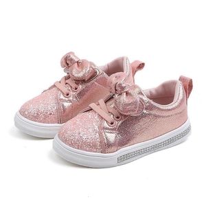 Atletische Outdoor Lente Herfst Meisjes Schoenen Baby Sneakers Kinderen Casual Mode boog knoop Glitter Leer antislip Platte Prinses i231218