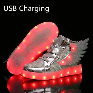 Athlétique en plein air printemps mode enfants lumineux brillant baskets blanc rose LED lumière enfants chaussures garçons filles aile USB charge 231218