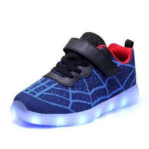 Atletische outdoor USB lichtgevende kinderen sneakers jongens flitsende lichte spider schoenen meisje baby ademende led verlichte kinderschoenen gloeien omhoog schoenenl231221