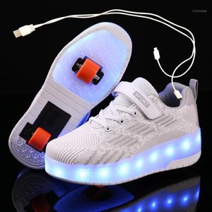 Atletische schoenen Outdoor Kinderen One Two Wheels Luminous Glowing Sneakers White Red Led Light Roller Skate Kids Boys Girls USB Charging1