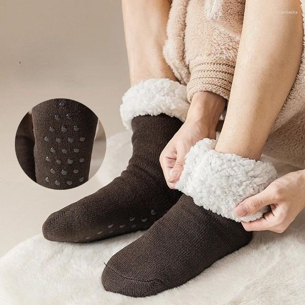 Chaussettes athlétiques collées antidérapantes pour la neige, le sommeil à la maison, les pieds chauds et épais, en velours d'agneau, tube moyen, résistant au froid, pour femmes et hommes, hiver