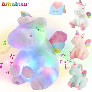 Athoinsu Rainbow Unicorn Gevulde Toys Dier Soft Music Plush Doll kleurrijk cadeau voor meisjes kinderen verjaardag LED decoratie 240407