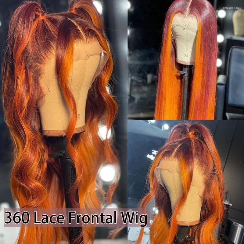 Atina Ombre Ginger Red Bourgogne Color HD Spets Frontal Wig Human Hair 360 Förplukt fulla orange kroppsvåg peruker