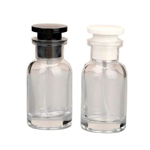 Bouteille de parfum d'atomiseur 30 ml 50 ml de parfum rond vide récipient rechargeable de parfum de couvercle blanc noire emballage cosmétique transparent en verre transparent bouteille de parfum de brume spary