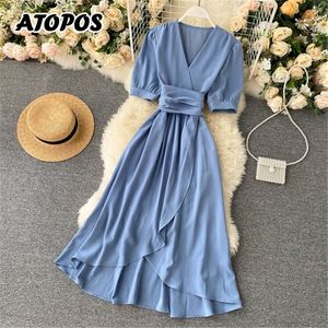 Atopo zomer midi jurk zoete elegante vrouw feestjurken v hals bladerdeeg mouw sundress vestidos robe vrouwelijke kleding 220423