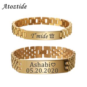 Atoztide 10mm Punk Men Personalised Engraved Name Date Bracelets for Women Thick Chain Stainless Steel Jewelry Bangle Gift 240119