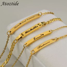 Atoztide aangepaste baby naam bar naamplaat armband voor roestvrij staal vrouwen kinderen verstelbare schakelketting gepersonaliseerde sieraden cadeau 220716