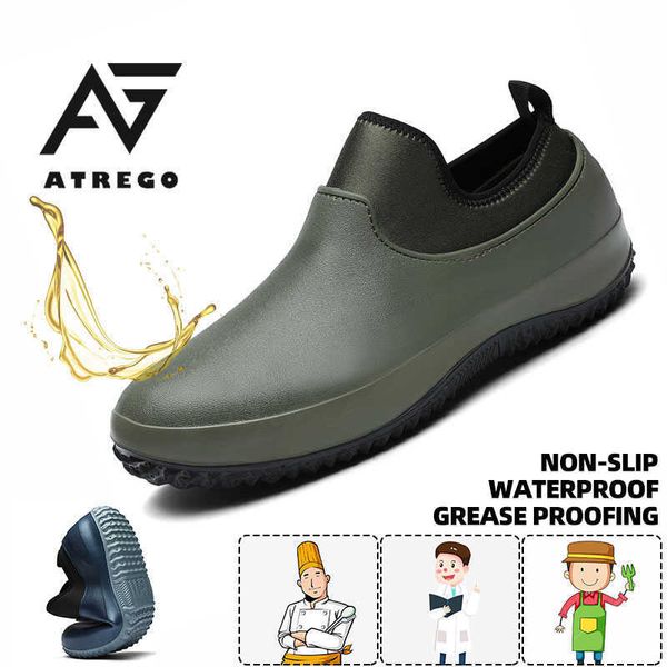 AtreGo Hommes Slip On Résistant À L'huile Cuisine Chaussures Chef Multifonctionnel Restaurant Jardin Étanche Sécurité Travail Chaussures 210615