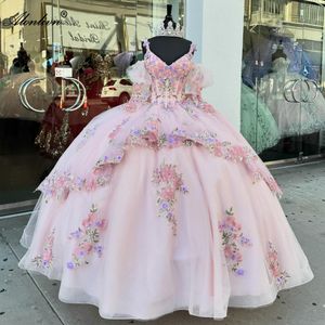 Bevestigbare bloemen prints v-neck quinceanera jurken baljurk spaghetti riemen mouwen kweek jurken jurken formele jurken met kralen parels borduurwerk