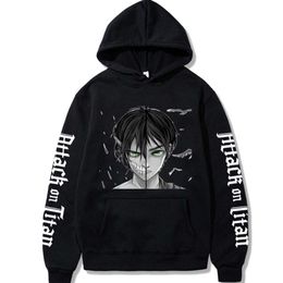 Aanval op titan anime hoodies herenkleding cool eren yeager grafische print puolers vrouwen hiphop sweatshirts gotische tops