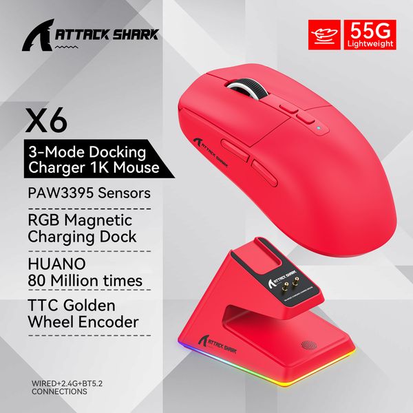 Attack Shark X6 Bluetooth Mouse, Pixart PAW3395, connexion tri-mode, base de charge magnétique RVB Touch, souris de jeu macro
