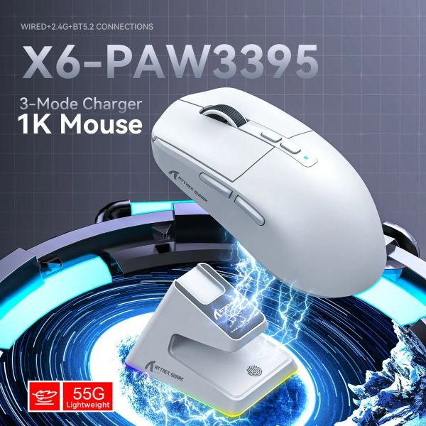 Attack Shark X6 PAW3395 Bluetooth Mouse, Connexion en trois-mode, base de charge magnétique RVB Touch, Macro Gaming Mouse