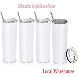 Atenção STRAIGHT US Stock Canecas 20 onças Sublimação Branco STRAIGHT Tumblers com palha Garrafas de água de aço inoxidável Copos com isolamento duplo Canecas