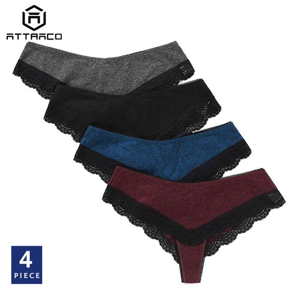 ATTRACO Tanga de mujer Ropa interior de encaje V String Bragas Tanga Calzoncillos Algodón 4 Pack Venta caliente Dropshiping 201112