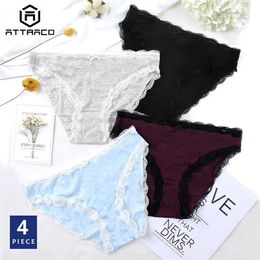 Attraco Ropa interior para mujer String Pantie Tanga Thong Briefs Algodón Entrepierna Borde de encaje 4 Pack Cintura media Estiramiento Cueca Calcinha Venta 201112