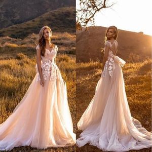 Elegant Open Back Wedding Dresses gowns 2022 Capped Sleeves Lace Appliques Summer Garden Boho Tulle Bridal Gowns With Train
