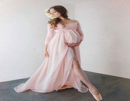 Aantrekkelijke chiffon zwangerschapsjurken voor Po-shoot met lange mouwen, split aan de voorkant, zwangere jurk, off-shoulder, op maat gemaakte maxi2947346