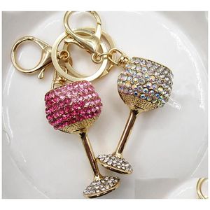 Design attrayant Forme de verre de vin Porte-clés incrusté de strass Chaîne en métal Sac Pendentif Joli cadeau Délicat Souvenir Drop Livraison Dh4Ir