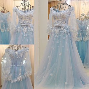 Aantrekkelijke prom jurken lichte hemel blauw, rood lange avondjurk speciale gelegenheid jurken lace-up rug drie kwart mouwen runway jurken
