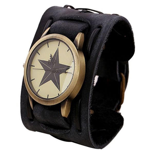 Atractivo estilo retro punk rock grande ancho pulsera de cuero brazalete hombres reloj regalo AG25