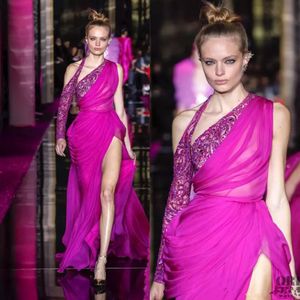 Zuhair Murad 2020 Sexy robes de soirée une épaule en mousseline de soie cuisse fendue formelle robe de soirée perles paillettes longue robe de bal