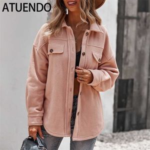 ATUENDO Automne Mode Rose Vestes Manteaux pour Femmes Vintage Solide Doux Sexy Lady Vêtements Casual Hiver Chaud Velours Oversize Manteau 211014