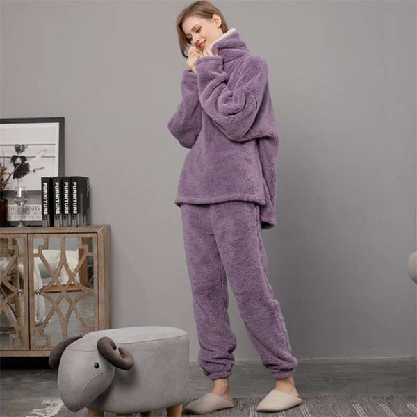 ATUENDO hiver chaud velours violet ensemble de pyjama pour femmes 100% flanelle Atoff maison Satin vêtements de nuit mode peluche soie doux vêtements de nuit 210928