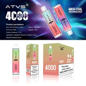 ATVS Crystal Original 4000 Puff Cigarettes E jetables 0,9Ohm Bobine de maille 10 ml Pod Batterie rechargeable E Cigs Puff 4K 0% 2% 3% 5% Kit Vape