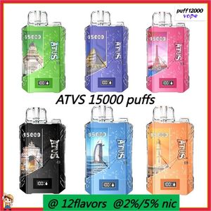 ATVS Puff 15000 Bar Coup Corde E-cigarette jetable Vape avec écran intelligent Affichage de la batterie 650mAh Vaper Deechable 15K Puffs 12flavors 2% 5% Boîte