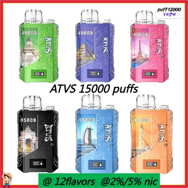 ATVS Puff 15000 Bar Correo de cuello Vapor desechable Vape E-Cigorette con pantalla inteligente Pantalla de 650 mAh Vaper Vaper Desechable 15K Puffs 12 Flavors 2% 5% Box