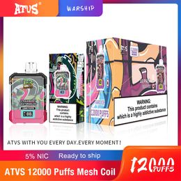 ATVS Warship vape Jetable E Cigarette Puff 12k Puff Original 15k Puff 12000puffs Vapes bouffée jetable Vaper Bar 650Mah Écran d'affichage LED Bobine de maille