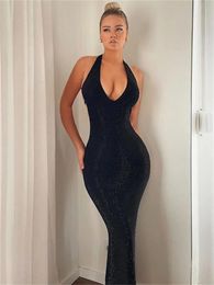 Aualay sexy zwarte holte halter lange jurk zomerkleding voor vrouwen backless veter maxi feest avond 240424