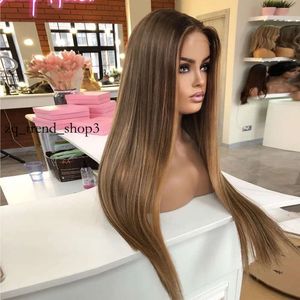 Auburn Brown Hoogtepunt HUNF HAAR Pruiken vooraf geplukt 13x4 Rechte kant Voorpruiken Transparant 360 HD Lace Frontale Wig Synthetisch 897