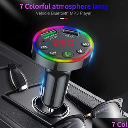 Audio de voiture Audio Bluetooth transmetteur Fm 7 couleurs Led rétro-éclairé Radio Mp3 lecteur de musique atmosphère lumière O récepteur USB chargeur Drop Delive