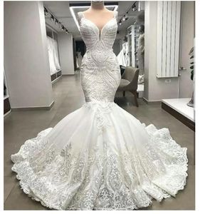 2022 High End Unique Lace Sirena Vestidos de novia Apliques Árabe Dubai Con cuentas Vestidos de novia por encargo Robe De Mariee 2022 Vestido De Noiva B0603G04