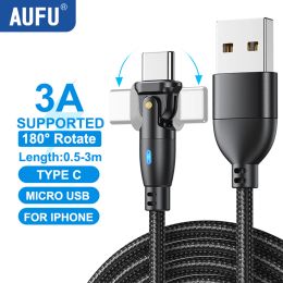 AUFU 180 Rotation USB Type C Cable Corgin Fast Charging Fire pour Xiaomi Poco OnePlus Huawei pour iPhone Mobile Cell Phone Charger Data Cord