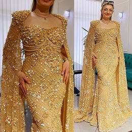 Août 2023 ASO EBI Gold Sirène Prom Digne Per perle Luxurious Night Formal Fête Deuxième réception Robes de fiançailles d'anniversaire Robe de Soire ZJ780 ES
