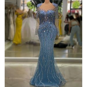 Augustus 2023 Aso Ebi Sky Blue Mermaid Prom jurk Parelskristallen avond formeel feest tweede receptie verjaardag verloving jurken jurken jurken robe de soiree zj7119 es 0515