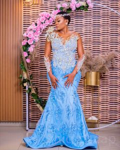 August Aso Ebi Mermaid Sky Blue Prom Drs Lace Beaded Pearls Evening Formele feest tweede receptie verjaardag Verjaardag verlovingsjurken Drs Robe de Soiree ZJ