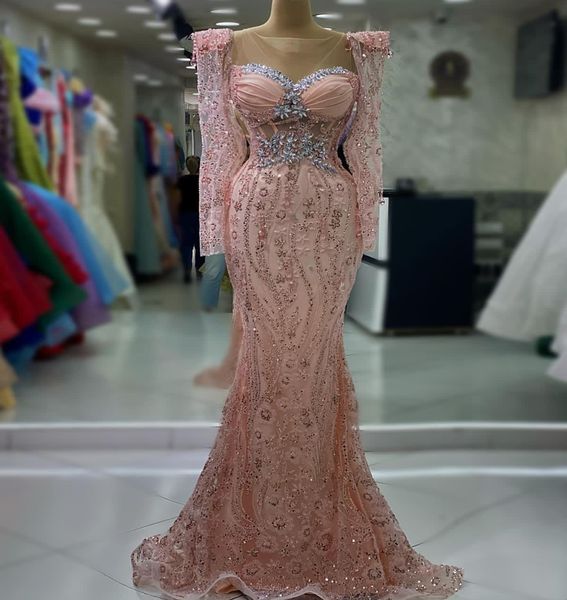 August Aso Ebi Pink Sirène Prom Dress Crystals Crystals Soirée Fête formelle Deuxième réception Robes de fiançailles d'anniversaire Robe de Soiree ZJ716 407