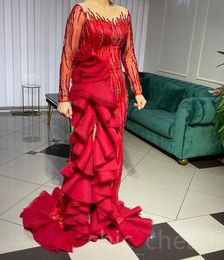 August Aso Ebi Red Mermaid Robe Prom Robe pailled Lace Evening Formal Fête Deuxième réception Robes de fiançailles d'anniversaire Robe de Soiree ZJ785 407