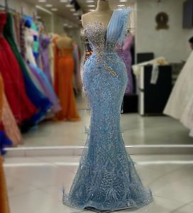 AUGUSTUS ASO EBI Sky Blue Mermaid Prom jurk kristallen sexy avond formeel feest tweede receptie verjaardag verlovingsjurken jurken jurken robe de soiree zj721 407