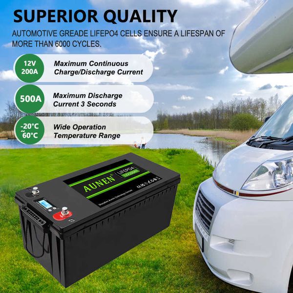 Paquete de batería AUNEN LiFePO4 12V 200Ah 12,8 V 2560Wh para almacenamiento de energía del sistema Solar RV 100% capacidad celda de batería de litio de grado A