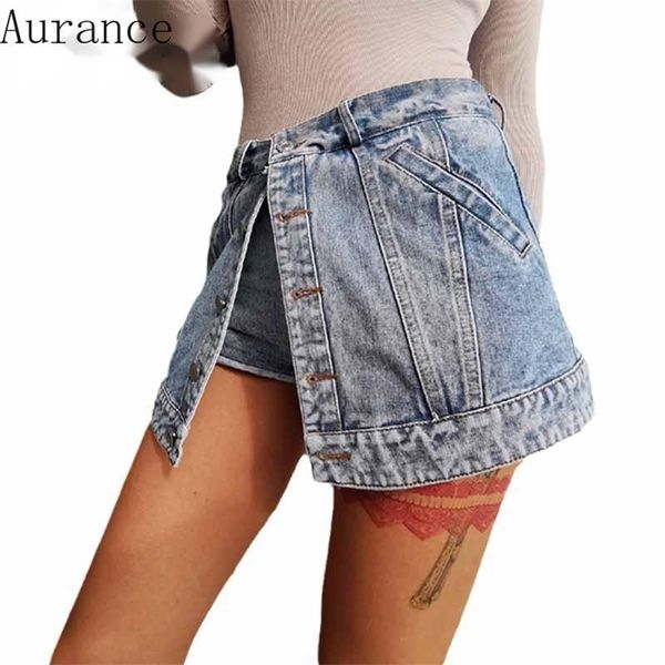 [Aurance] Pantalones cortos para mujer de un solo pecho para mujer Denim Moda corta Faldas de cintura alta irregulares Primavera Verano 210719