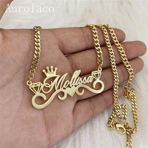 AurolaCo – collier avec nom personnalisé avec couronne, chaîne cubaine personnalisée, plaque signalétique en acier inoxydable, cadeau pour femmes, 220119