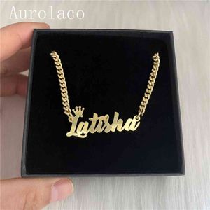 AurolaCo Nom Personnalisé Colliers avec Couronne Chaîne Cubaine Colliers En Acier Inoxydable Lettre Personnalisée Collier Pour Femmes Cadeau 211123