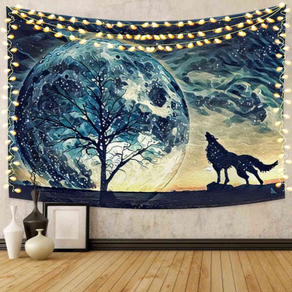 Tapisserie murale avec loup Animal Aurora, Mandala, choses pour décorer la pièce, tapis mural, toile de vie, Art Tapiz J220804