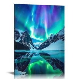 Aurora Borealis Canvas Wall Art Snowy Mountain Landscape Picture Northern Lights For Bedroom Decor Frame