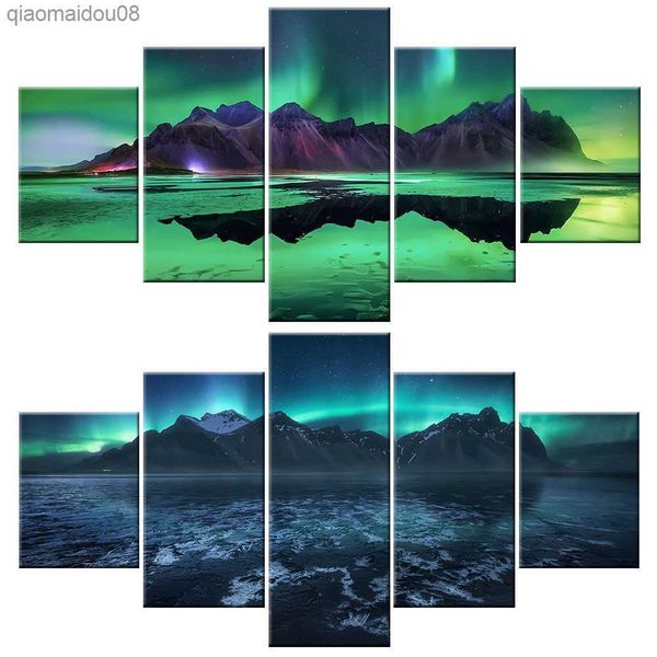 Aurora Borealis paisaje 5 paneles carteles Islandia curación romántica lienzo verde pintura arte de pared para 2023 decoración moderna para el hogar L230704